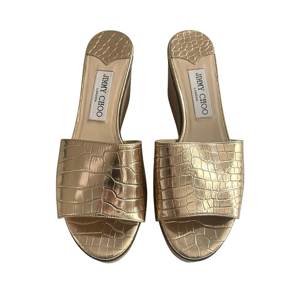 Jimmy Choo Deedee Metallic Cork Platform Sandals Gold Croc Embossed Glam Resort - Picture 15 of 15